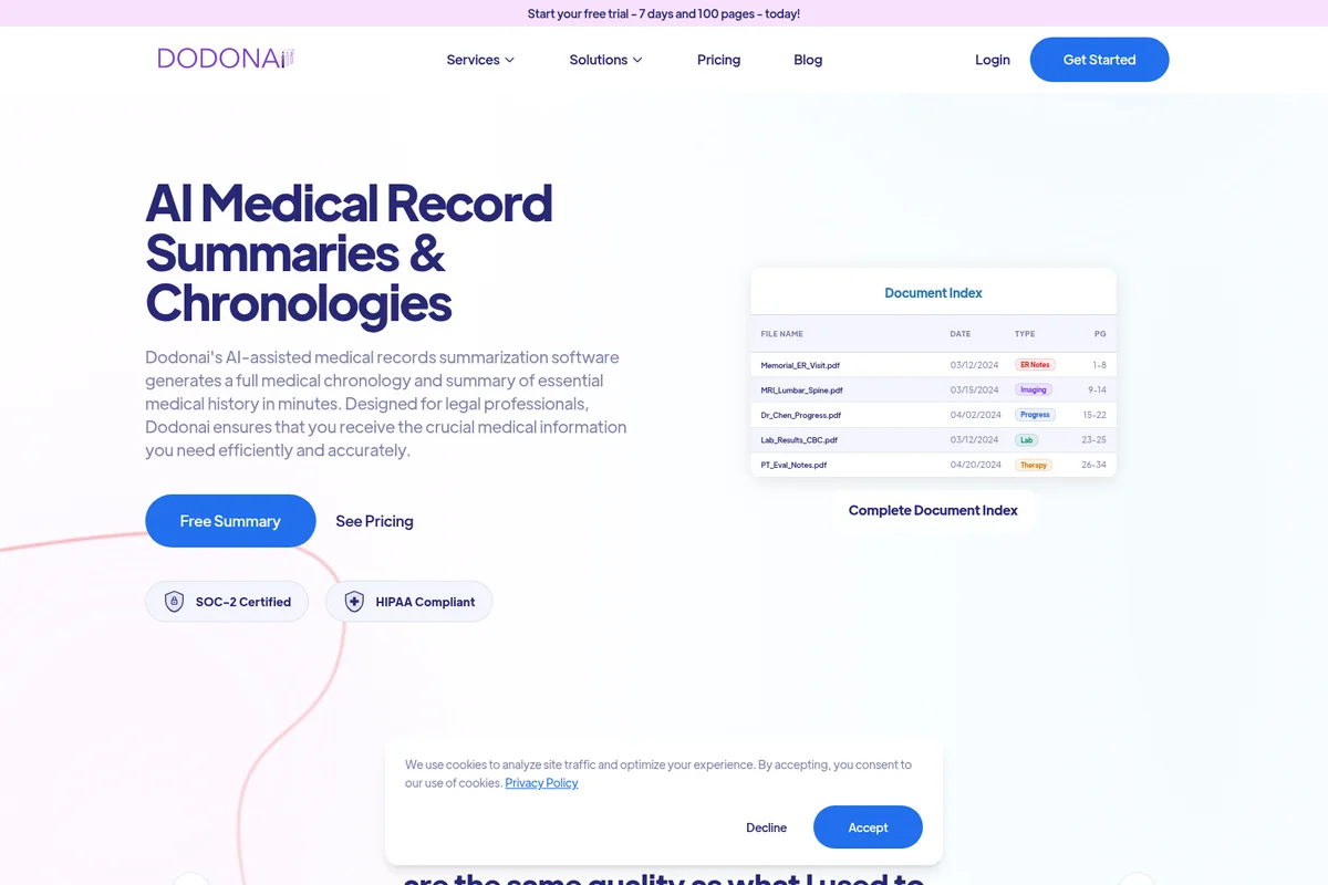 Dodonai AI Medical Record Summaries landing page displaying document index preview and core value proposition.