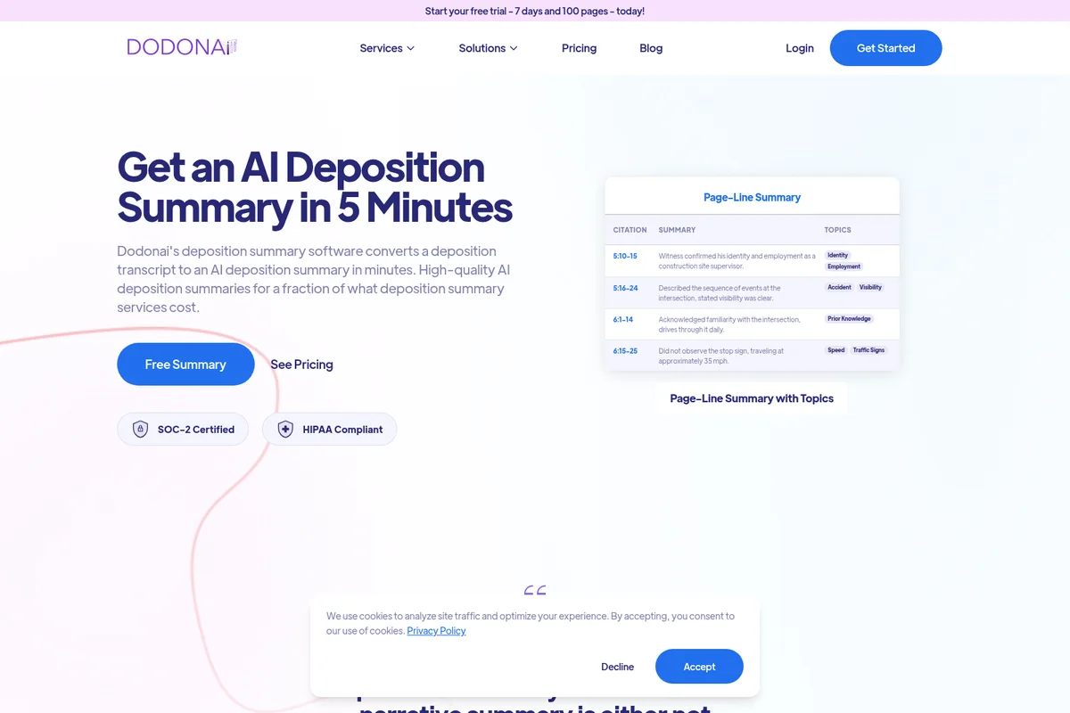 Dodonai landing page displaying an AI-generated deposition summary with topic tags in a clean, professional interface.