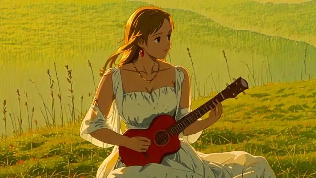 Domo-AI backup AI-generated art output showcasing a woman playing a ukulele in a vibrant, sunlit field in anime style.