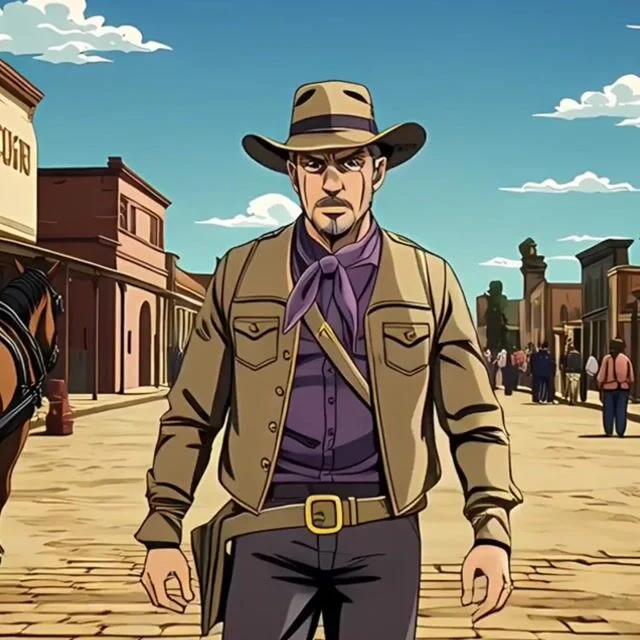 domo-ai-backup output sample showing a determined cowboy character in a Wild West town street, rendered in a vibrant anime style.