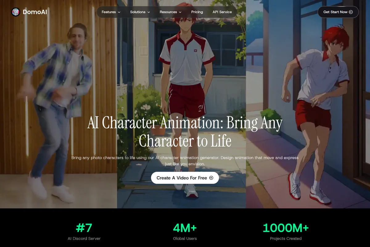 DomoAI landing page hero demonstrating AI character animation, transforming a real person into anime characters with a multi-panel, modern design.
