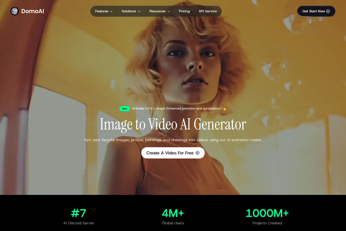 DomoAI homepage hero showing an image to video AI generator with a captivating model and dark-themed modern interface.