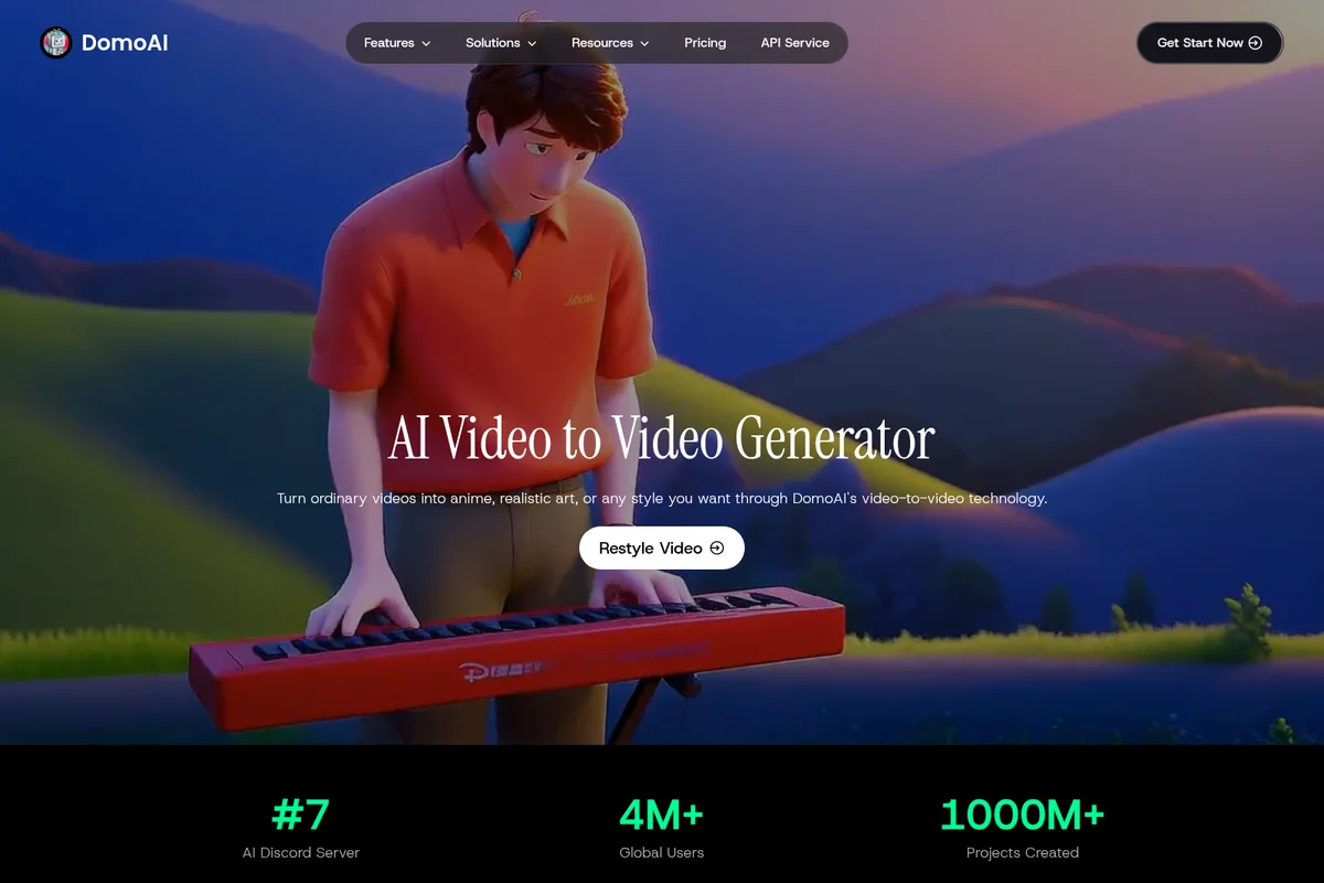 DomoAI landing-hero showing an animated character playing a red synthesizer in a scenic landscape, promoting AI video generation.