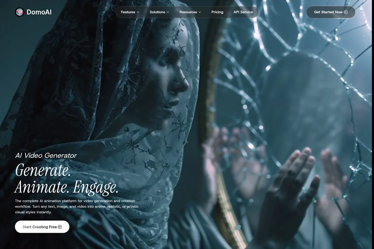 DomoAI landing hero showcasing AI video generation capabilities with a mysterious, shattered mirror motif.