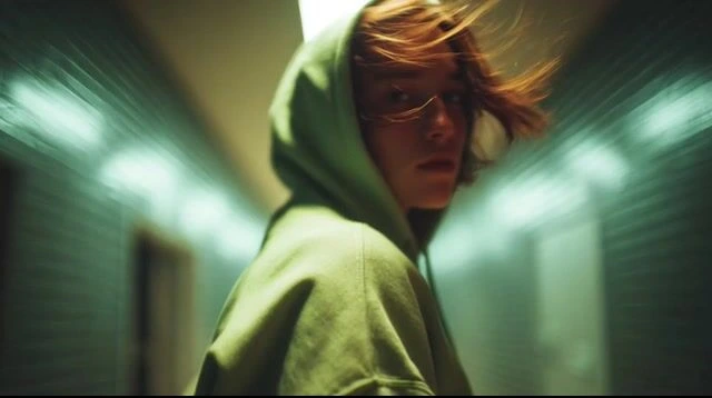 DomoAI output sample showing an AI-generated photorealistic portrait of a person in a green hoodie, looking back, set in a mysteriously lit hallway with motion blur.