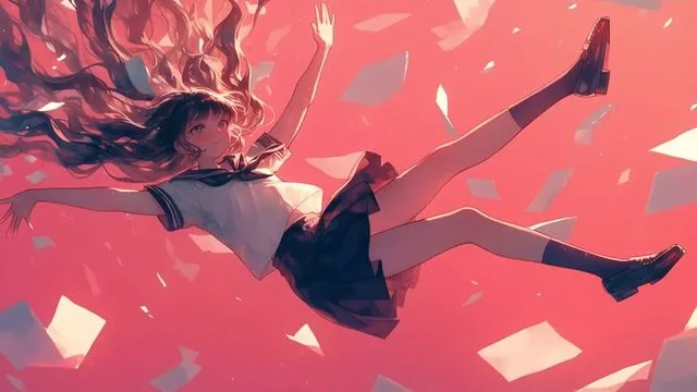 domoai AI output showing a schoolgirl falling amidst papers in a vibrant anime style illustration with a red-pink gradient background.