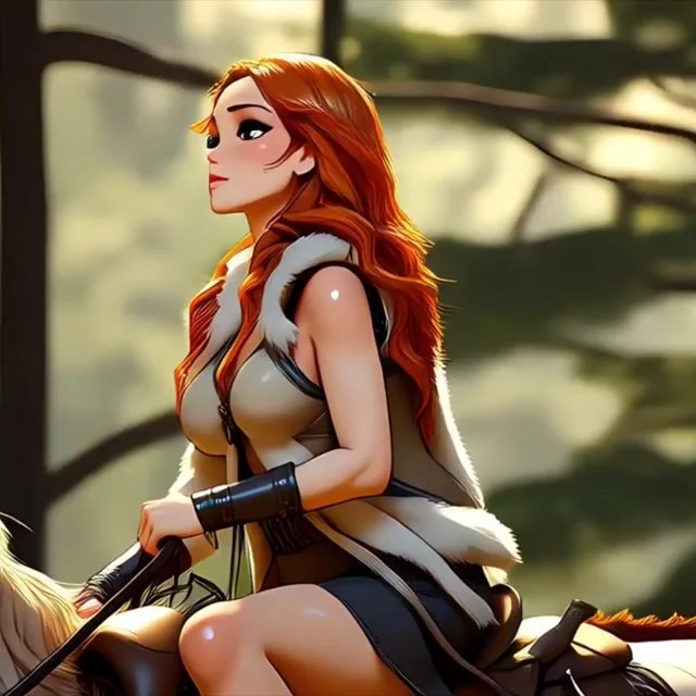 Domoai AI art output showing a vibrant fantasy illustration of a woman with red hair riding a horse.