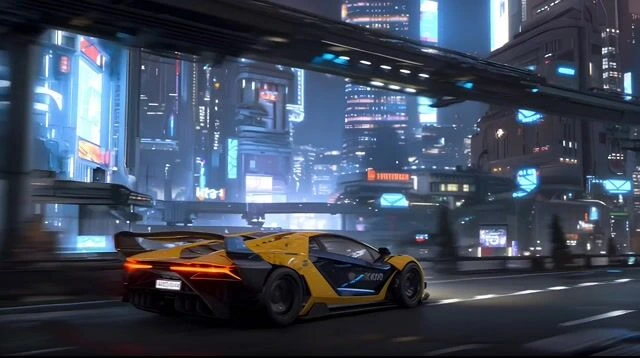 Domo AI output showing a futuristic city street scene with a yellow sports car at night, rendered in a dynamic photorealistic style.