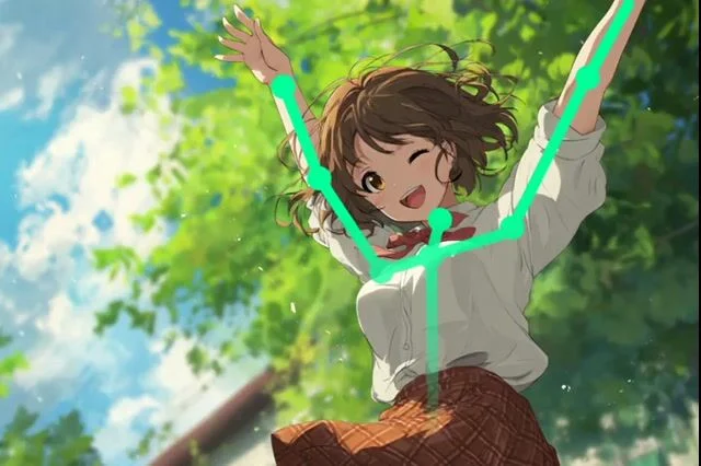 domoai output sample showing AI pose estimation applied to an anime character in a lively illustration style.