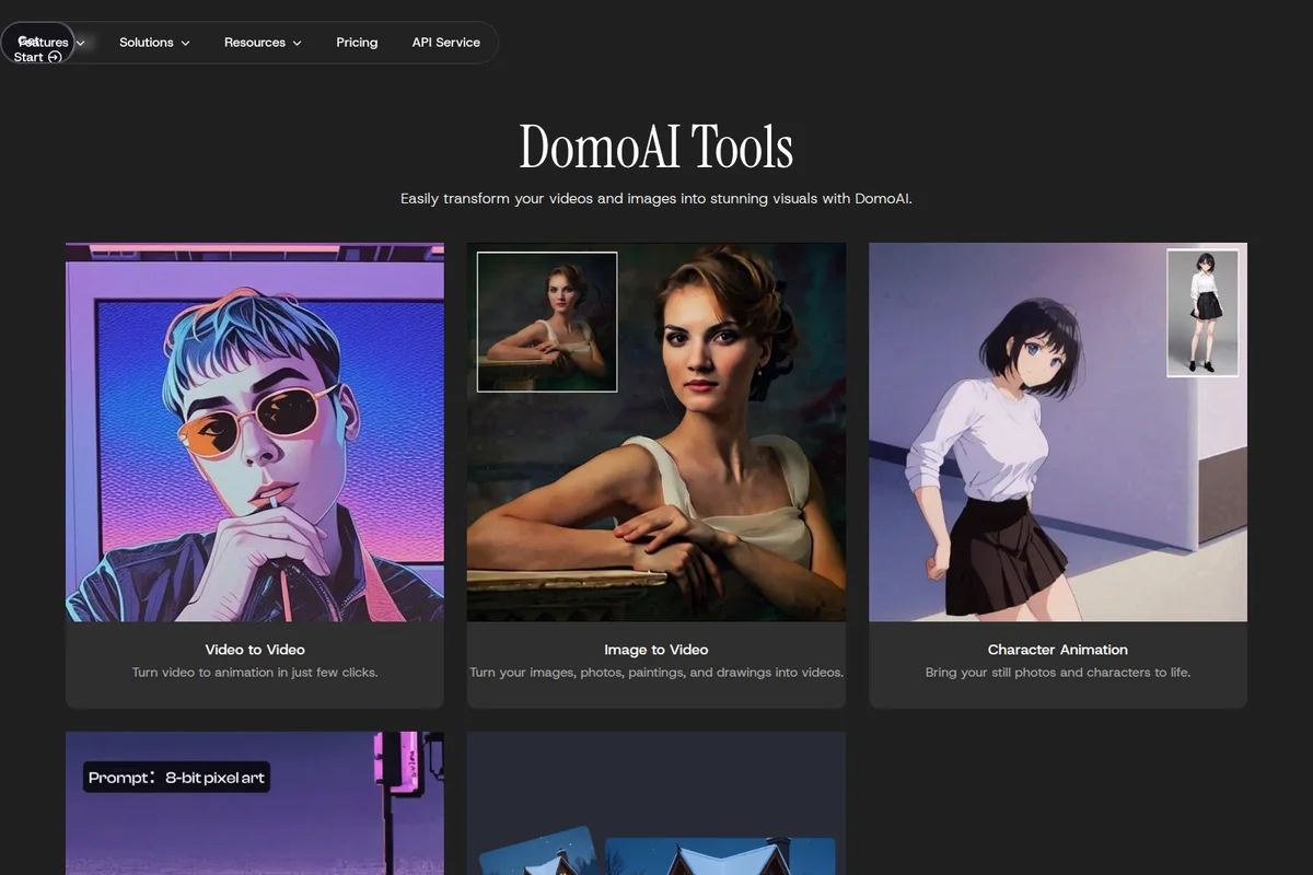 DomoAI AI tools page showing feature cards demonstrating video to animation, image to video, and character animation with a dark-mode sleek aesthetic.