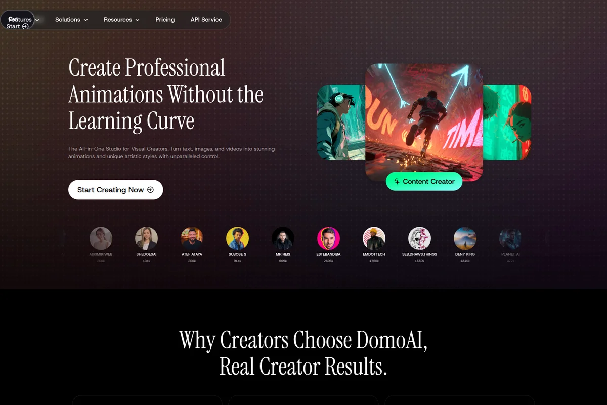 DomoAI landing page hero section showcasing AI-generated professional animations with a dark-themed modern interface.