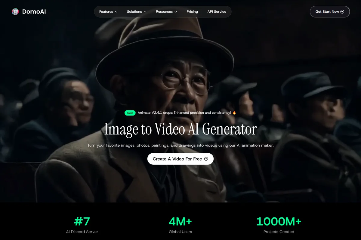 DomoAI landing page featuring its Image to Video AI Generator with a cinematic, dark-themed visual of people.