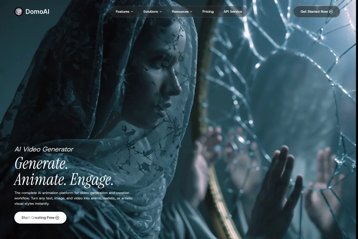 DomoAI homepage hero featuring a person veiled in lace looking towards shattered glass, promoting AI video generation capabilities.