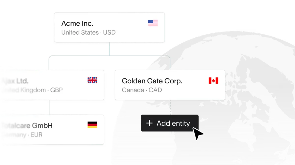 Dualentry workspace showing a corporate entity organizational chart with parent and subsidiary companies from different countries, with a cursor hovering over an 'Add entity' button.
