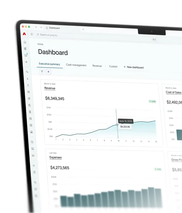 Dualentry dashboard showing financial executive summary with revenue and expense charts in a clean light-theme interface.