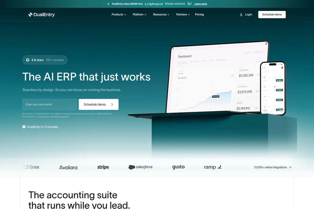 DualEntry homepage hero section showing AI ERP dashboards on a laptop and mobile phone with a modern teal-themed interface.