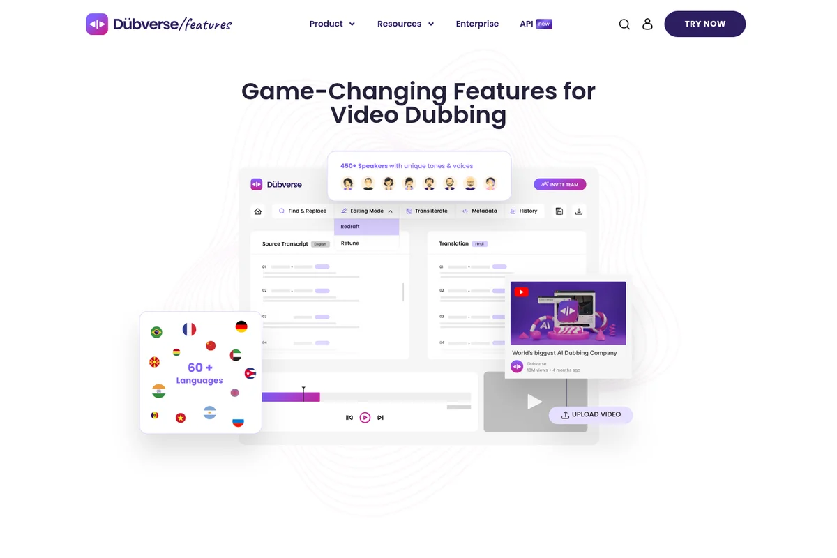 Dubverse workspace UI showing AI video dubbing with source and translation transcripts in a modern light theme.