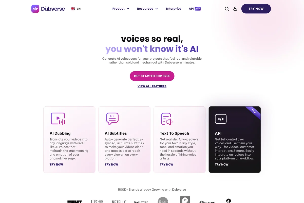 Dubverse homepage showcasing AI voiceover capabilities and key features with a clean, modern design.