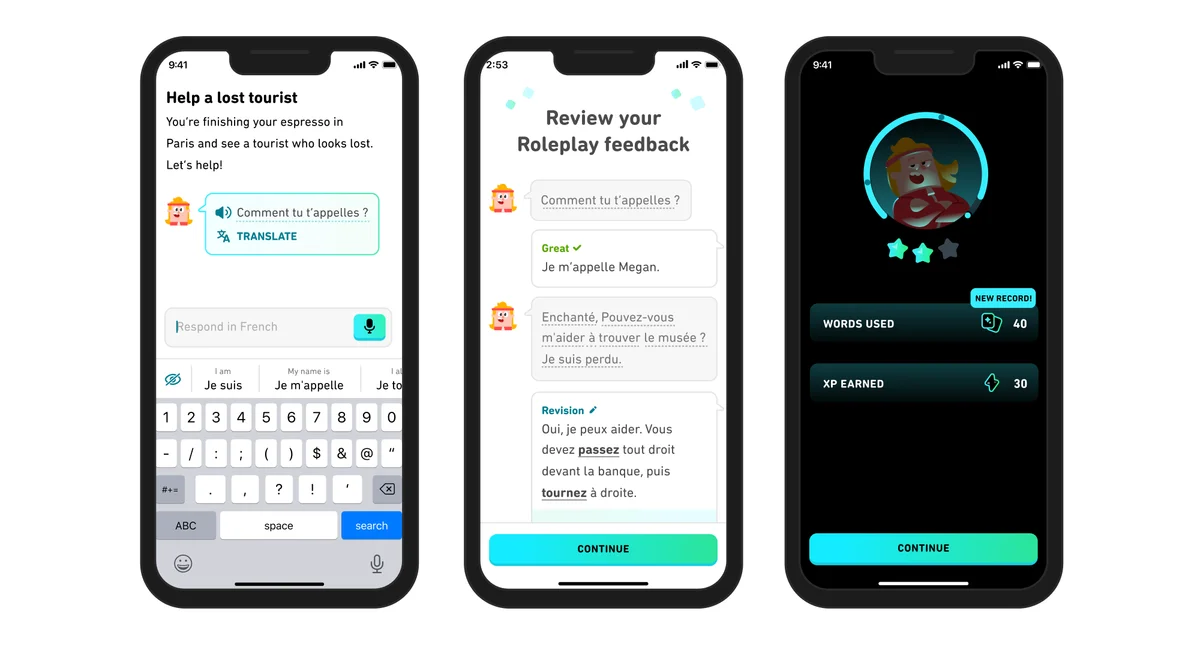 Duolingo feature deep-dive showing a French roleplay conversation from prompt to results with a modern mobile interface.