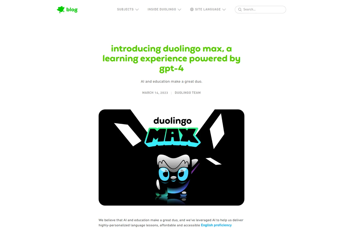 Duolingo Max blog post announcing AI-powered learning, featuring the Duo owl mascot with 'MAX' branding in a dynamic green and blue graphic.