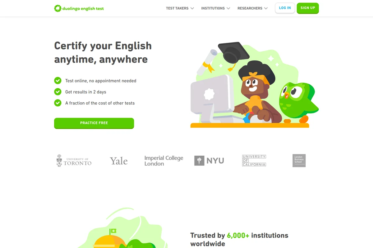 Duolingo English Test landing page promoting convenient and affordable online English certification with a bright, illustrated interface.