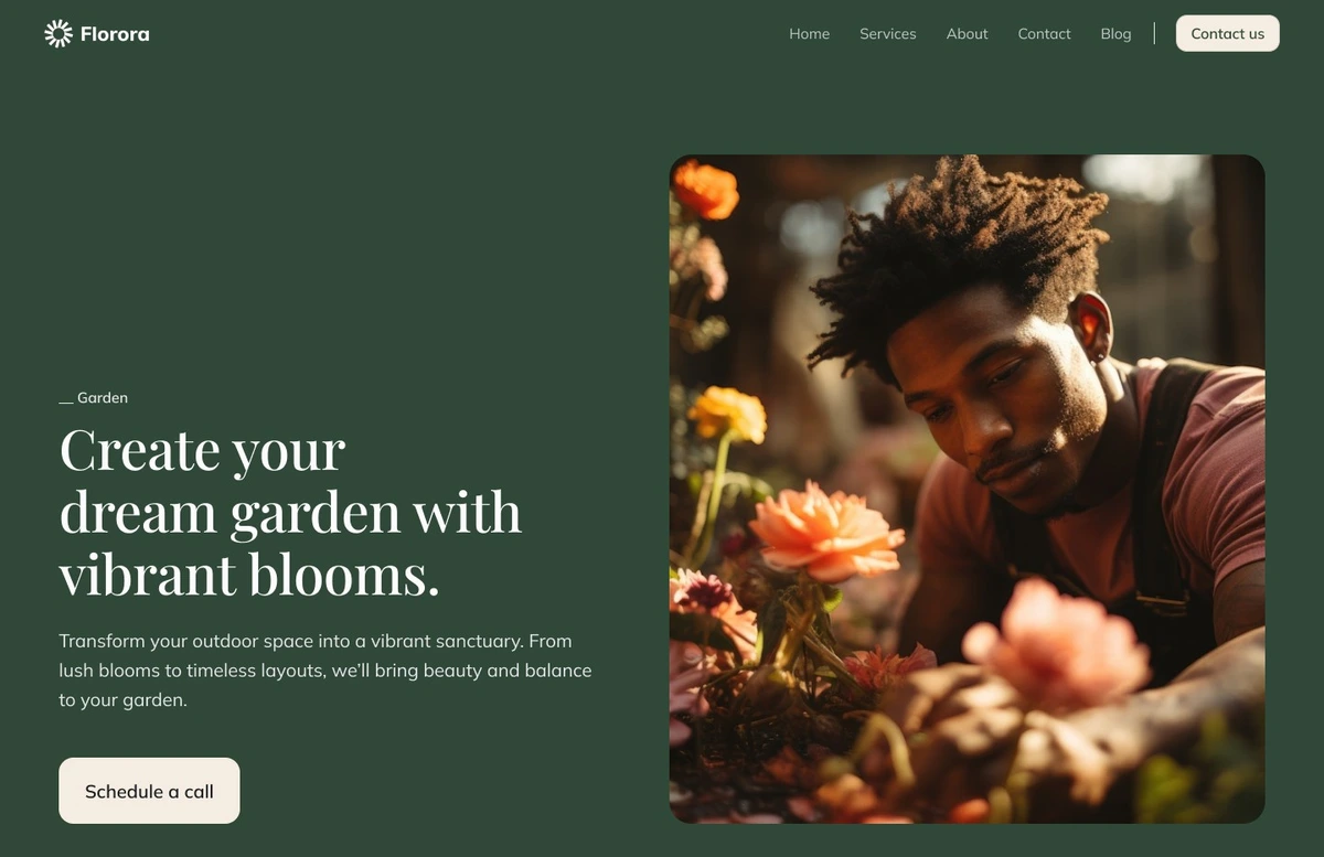 Durable landing page template for garden design, featuring a gardener tending vibrant flowers with a clean dark green interface.