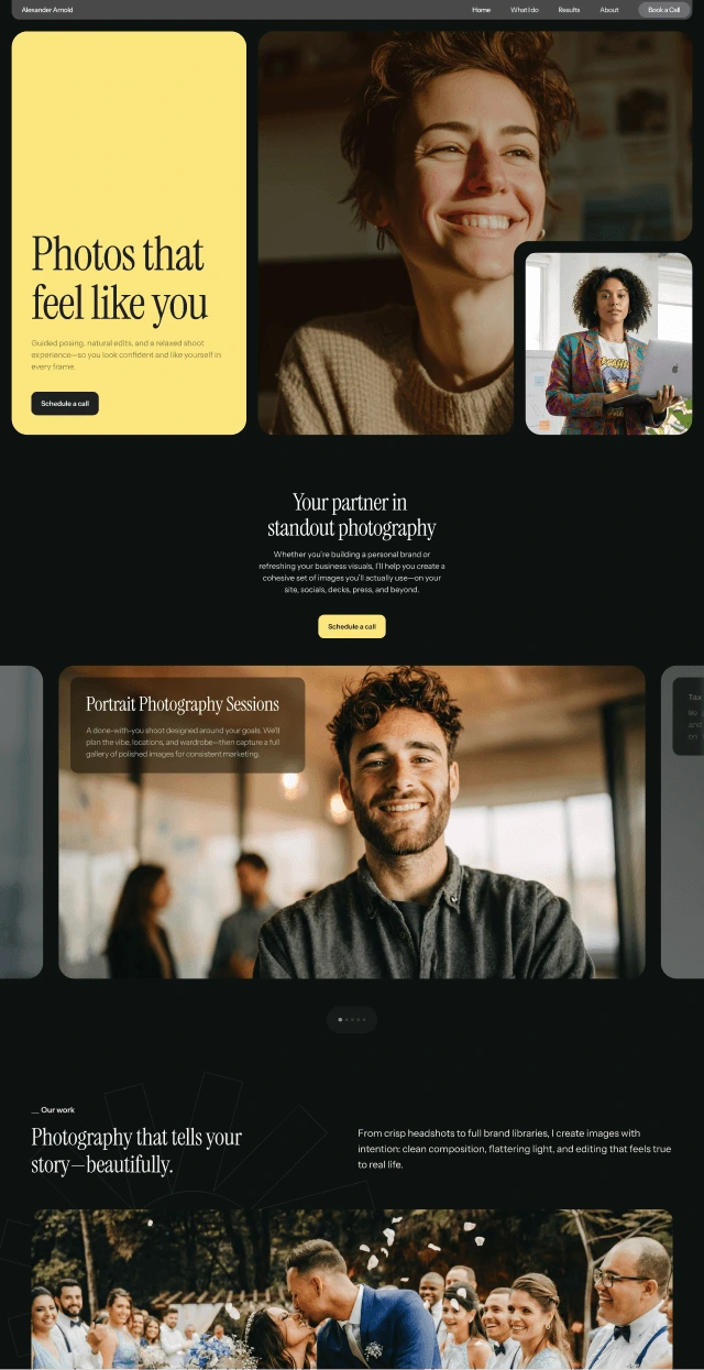Alexander Arnold Photography homepage showcasing compelling portrait photography and beautiful wedding moments on a modern dark-themed site.