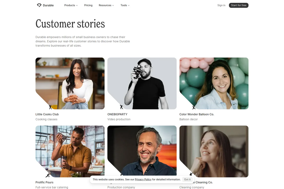 Durable customer stories page showing diverse business owners and their companies in a clean web interface.