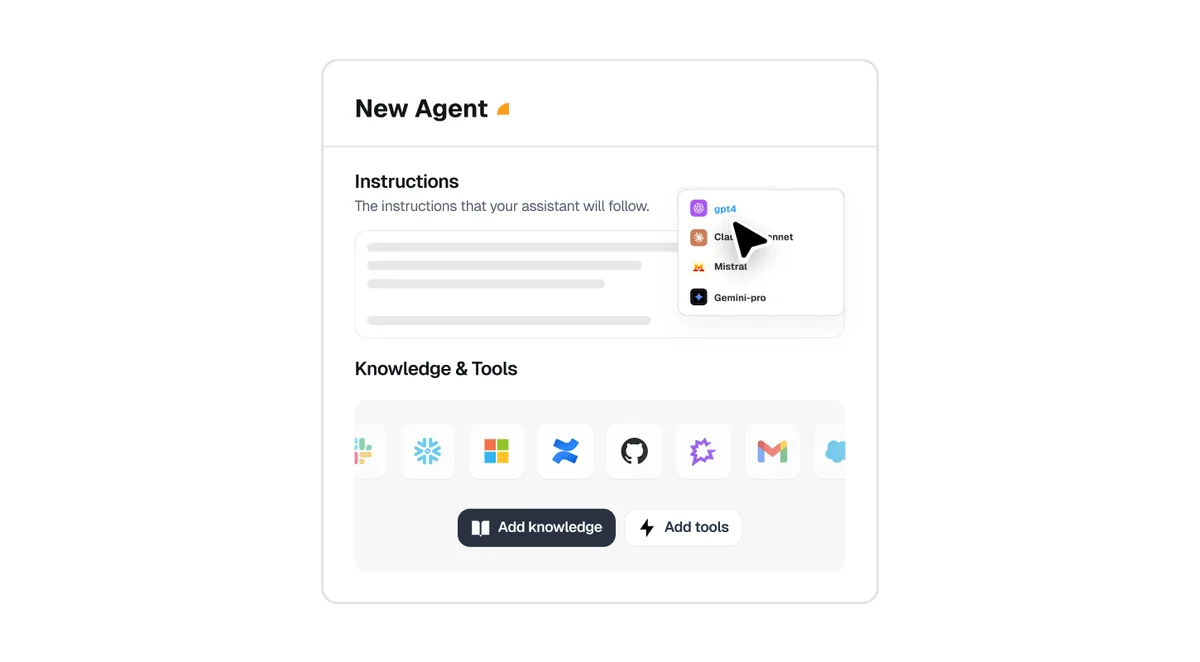 Dust agent creation interface showing selection of gpt4 as the Large Language Model with a clean, light-themed design.
