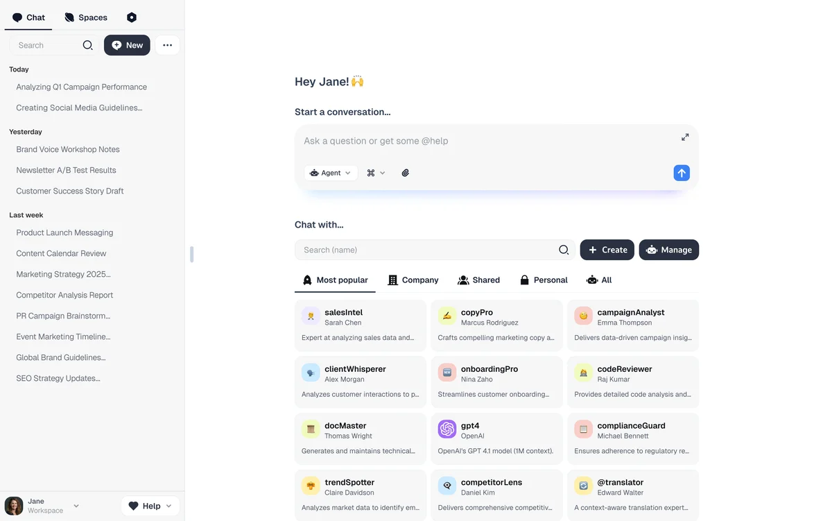 dust AI assistant workspace showing chat input, agent selection, and a grid of specialized AI bots in a clean UI.
