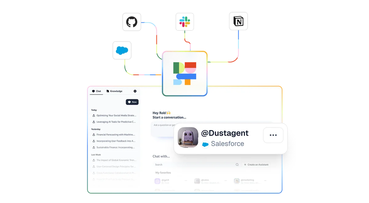 Dust AI workspace showing a chat interface with an AI agent powered by Salesforce, integrated with GitHub, Slack, and Notion.