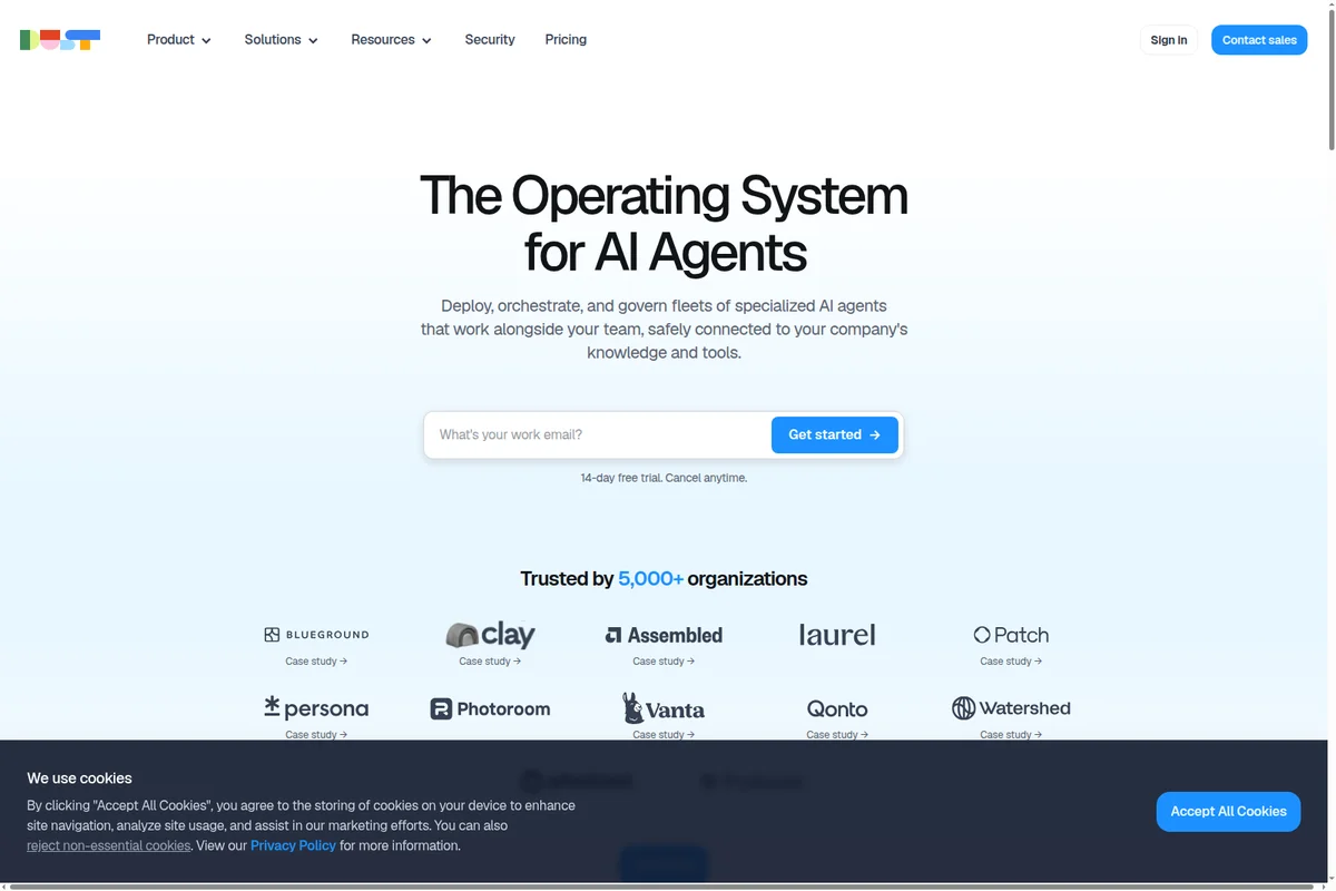 Dust homepage hero section promoting 'The Operating System for AI Agents' with email sign-up and customer logos.