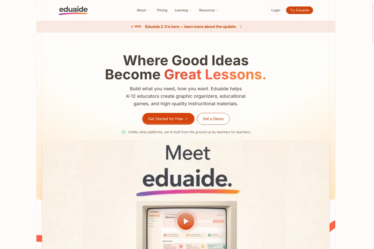 Eduaide AI homepage hero showing 'Where Good Ideas Become Great Lessons', call-to-actions, and a product UI preview.