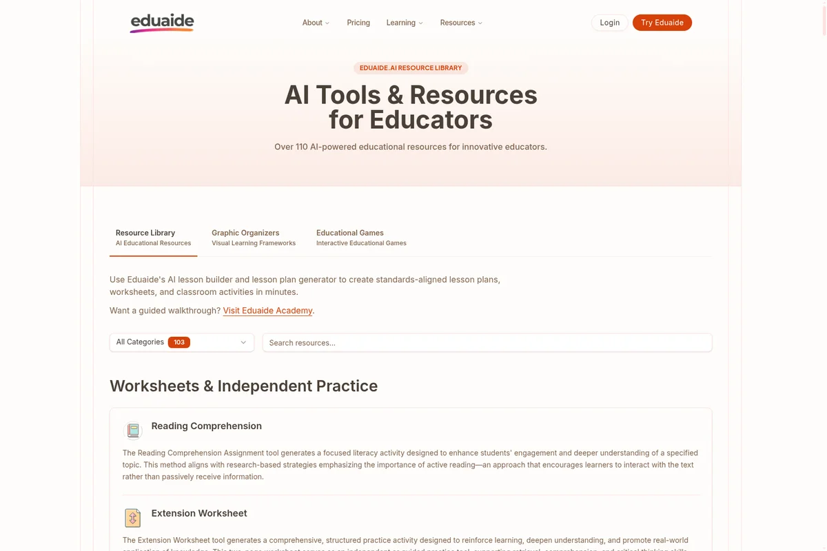 Eduaide.ai Resource Library workspace showing users browsing AI-powered educational tools, worksheets, and interactive games with a clean, professional interface.