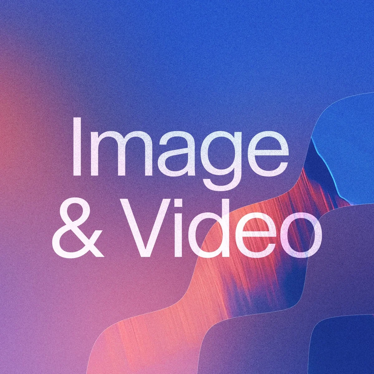 ElevenLabs decorative graphic for 'Image & Video' section with vibrant blue and pink gradient background and abstract shapes.