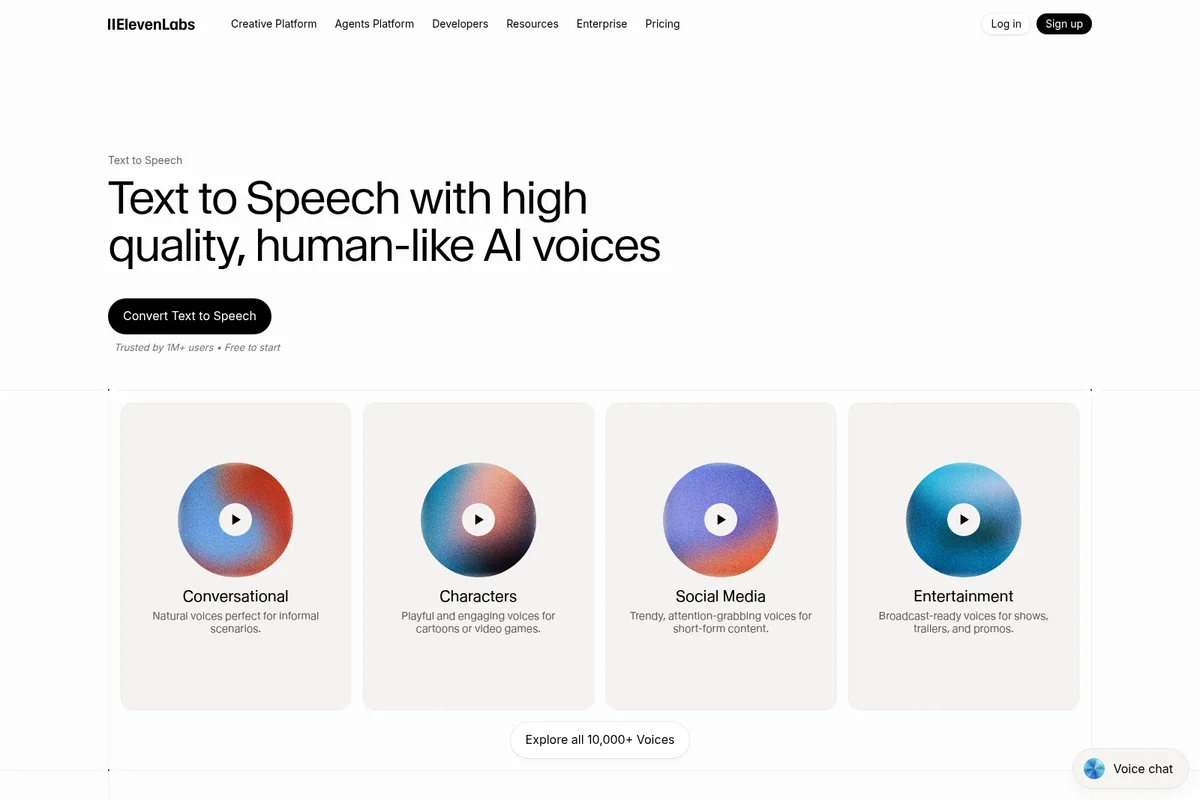 ElevenLabs text-to-speech landing page showcasing high-quality, human-like AI voices with interactive example categories in a clean, modern light-themed interface.