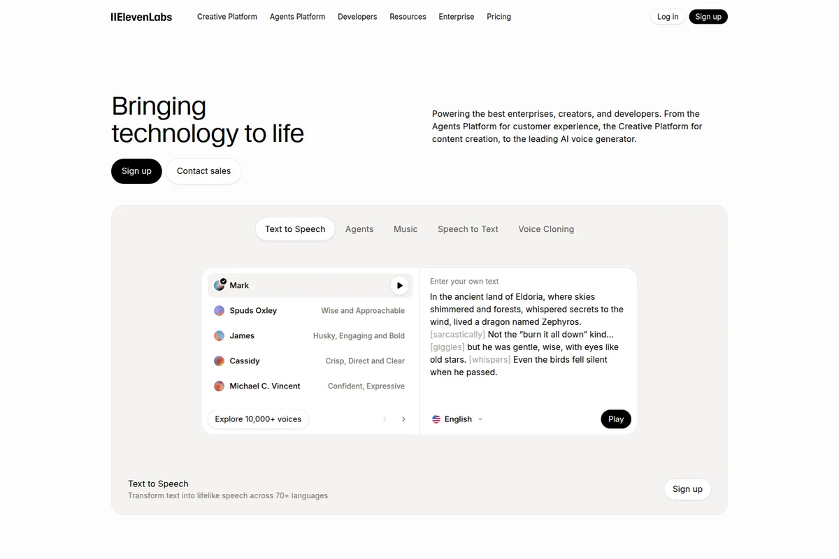 ElevenLabs Text to Speech workspace showing a list of voices like Mark, Spuds Oxley, and James, alongside a text input field with example story text, in a clean, light-themed interface.