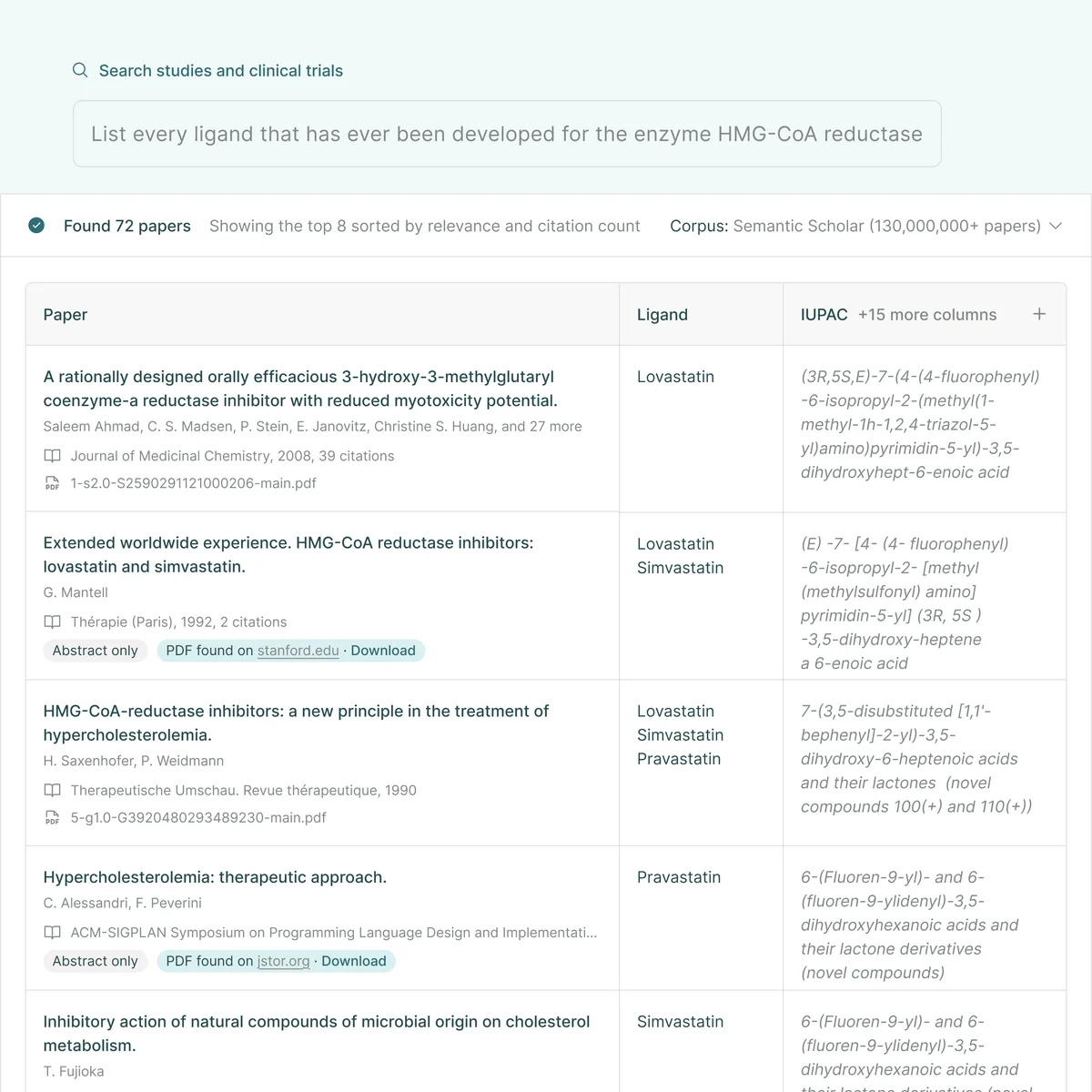 Elicit workspace UI displaying research results for enzyme HMG-CoA reductase ligands in a structured table format with a clean, modern interface.