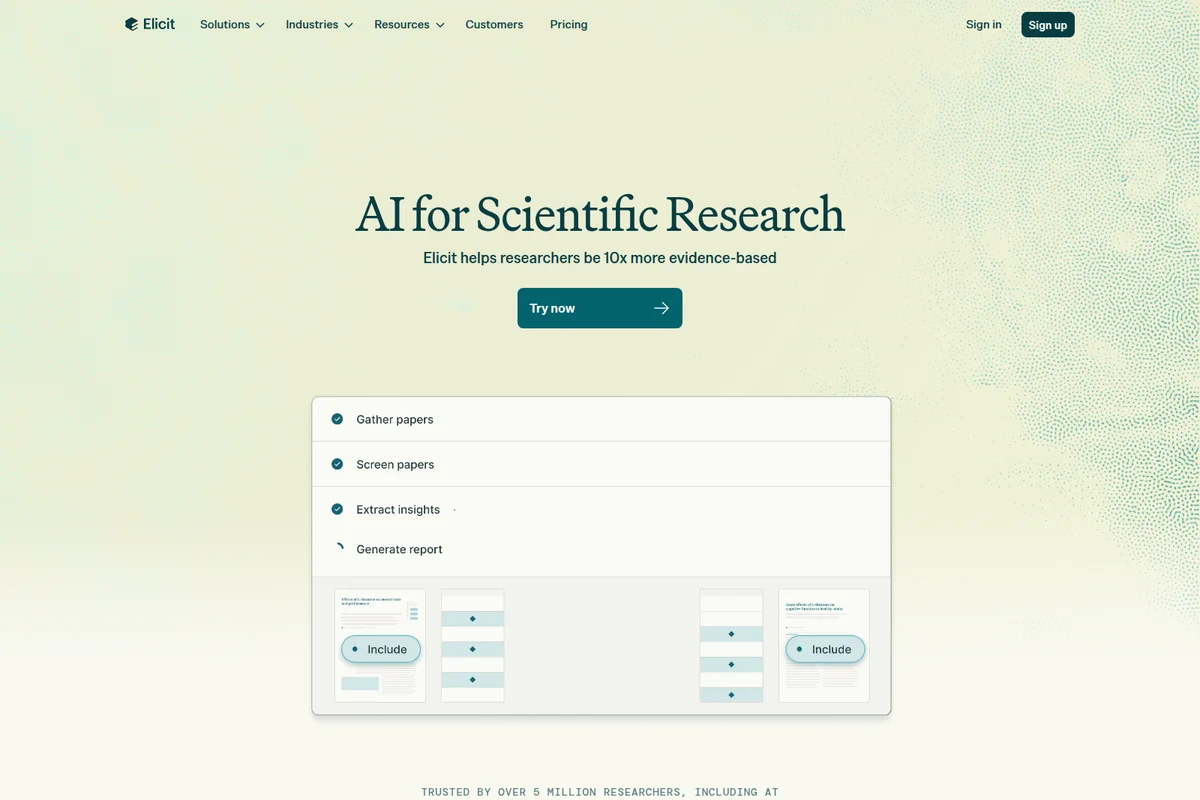 Elicit homepage showcasing the AI for scientific research workflow, with steps to gather papers, screen, extract insights, and generate reports in a clean light interface.
