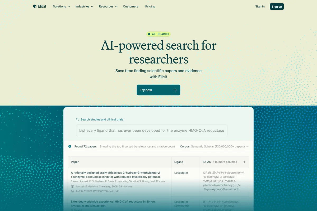 Elicit AI-powered search workspace showing research paper results for ligands of HMG-CoA reductase in a clean, professional interface.