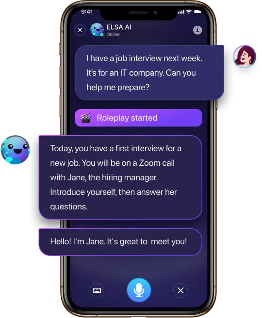 ELSA AI mobile app showing a user preparing for a job interview through an AI roleplay simulation with a dark-themed chat interface.