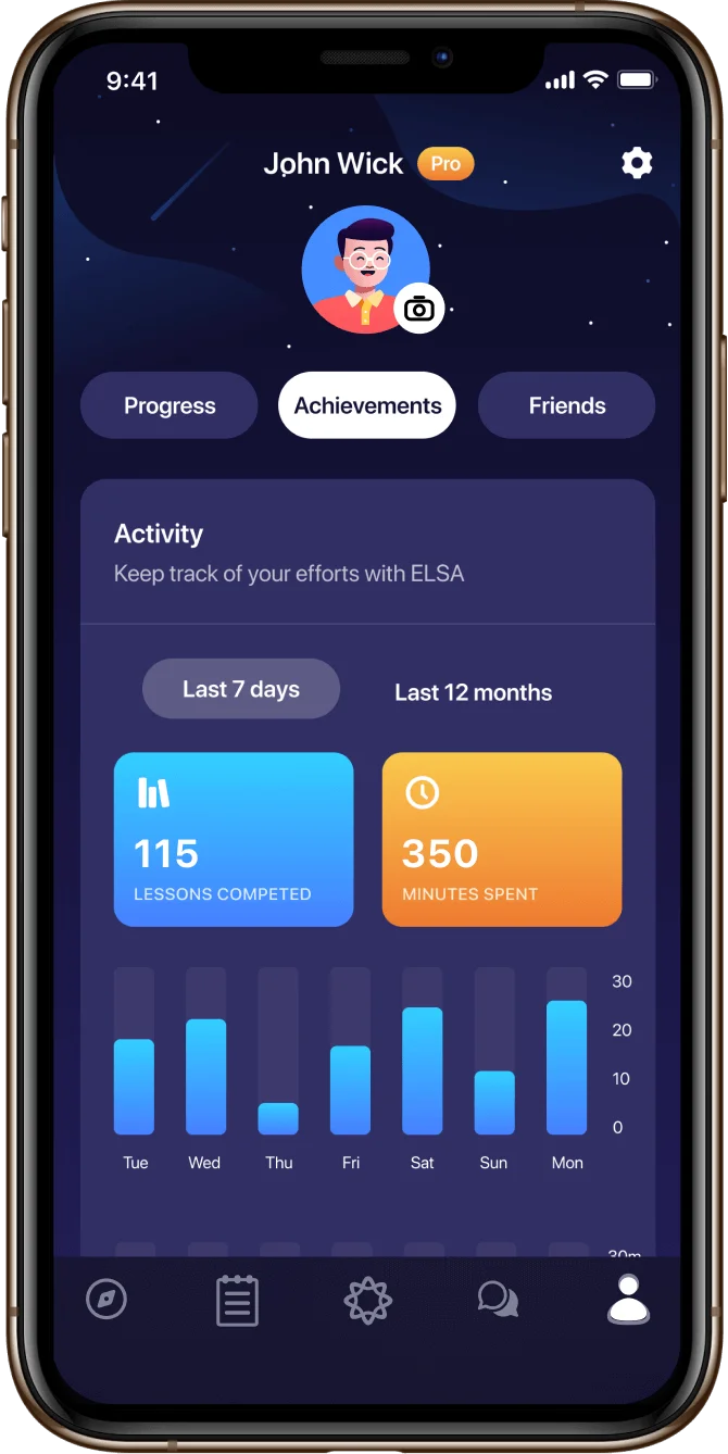 ELSA Speak mobile app workspace showing a user's activity and progress tracking dashboard in a dark-themed interface.