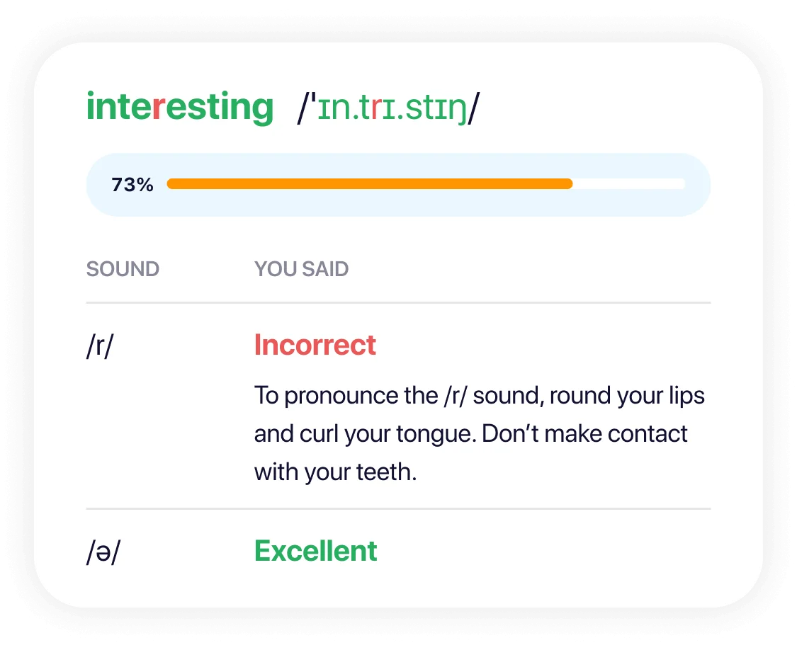 Elsa Speak pronunciation feedback UI showing detailed assessment for 'interesting' with incorrect /r/ sound and correct /ə/ sound in a clean interface.