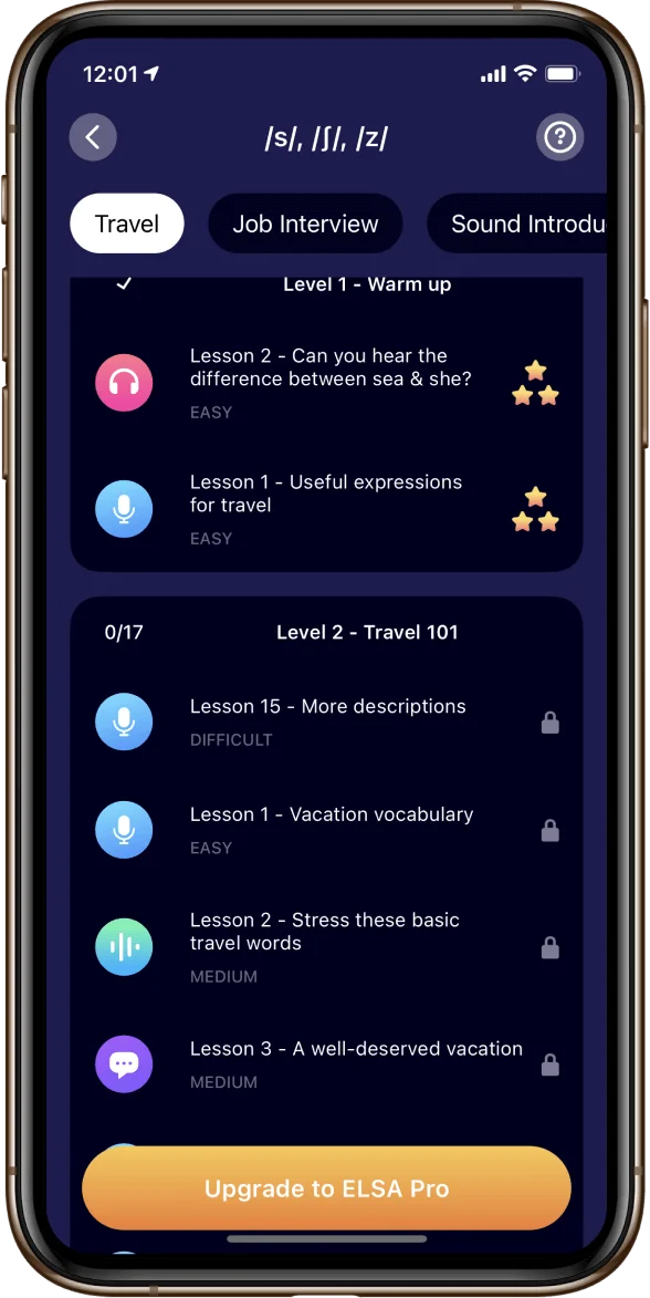 ELSA Speak mobile app showing structured English pronunciation lessons by category like Travel and Job Interview, with a dark-mode interface.