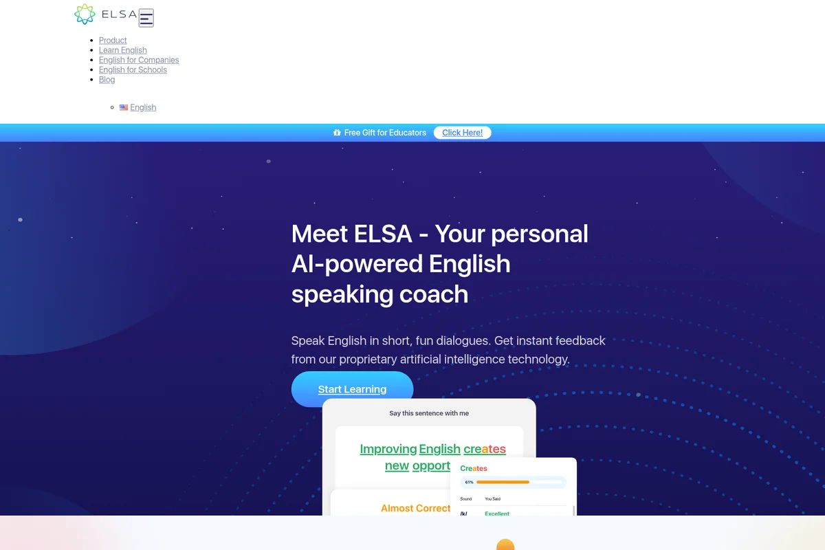 ELSA Speak homepage hero section showing AI speech analysis feedback with a dark blue background and an embedded app interface