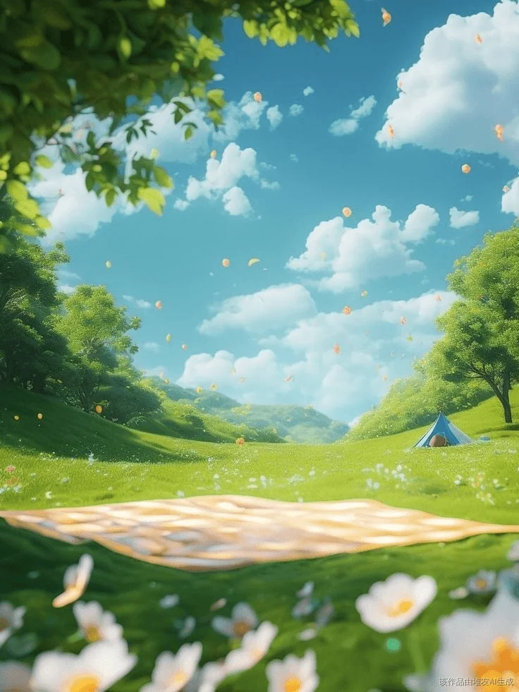 emergent output-sample showing an idyllic picnic scene with a blue tent and floating fruit in a vibrant, whimsical AI-generated style.
