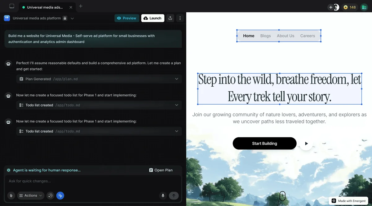 Emergent workspace UI showing AI building a website with a chat interface and a live preview of the generated site.