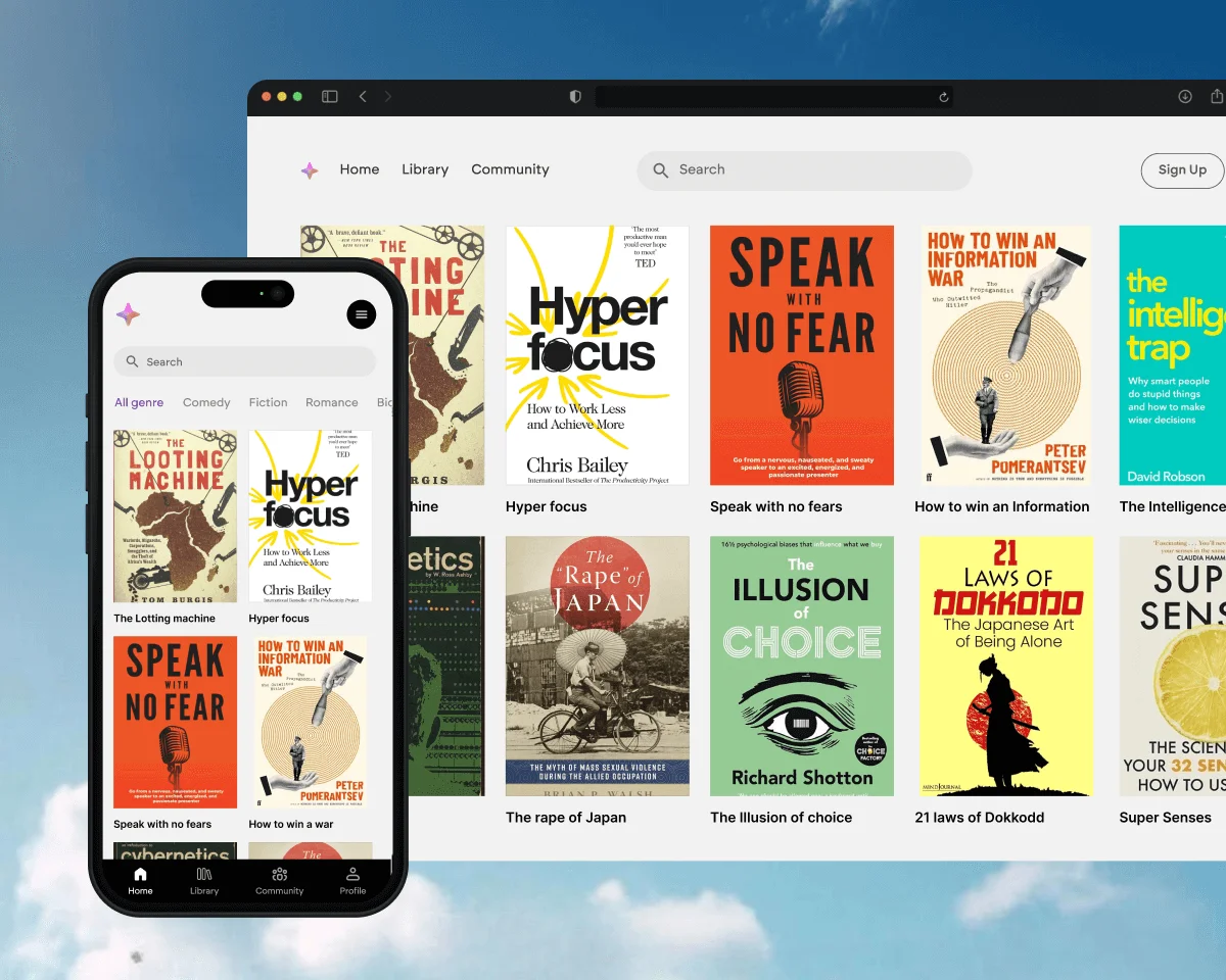 Emergent library page showing diverse book covers displayed on a desktop browser and mobile app with a clean, modern interface.