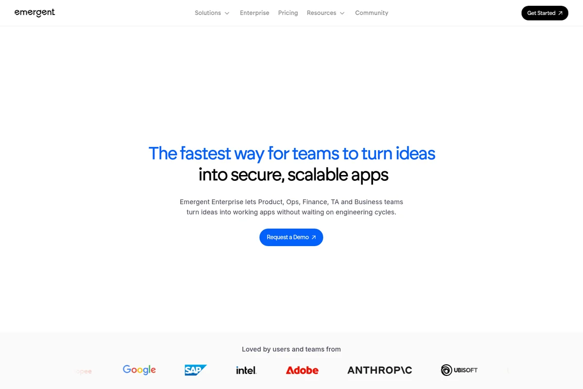 Emergent landing page hero showcasing the value proposition for building secure, scalable applications.