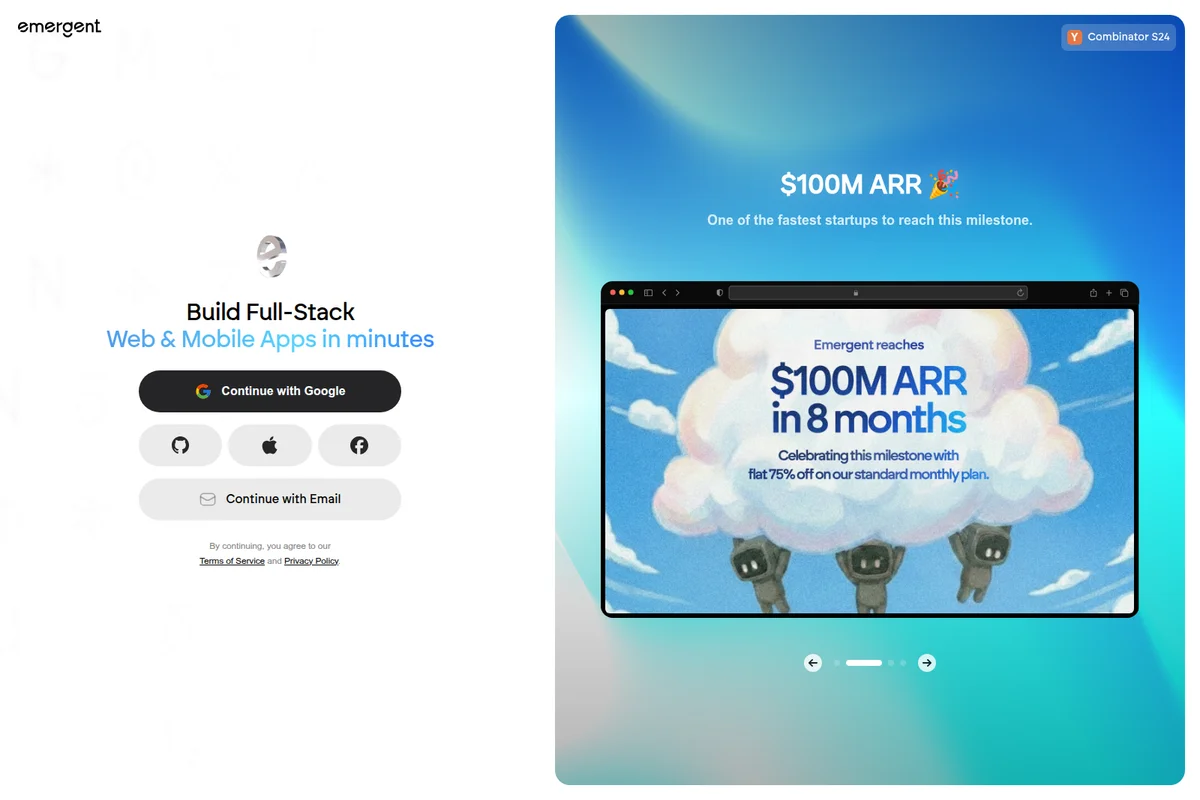 Emergent homepage showing authentication options and celebrating a $100M ARR milestone in a modern, clean interface.